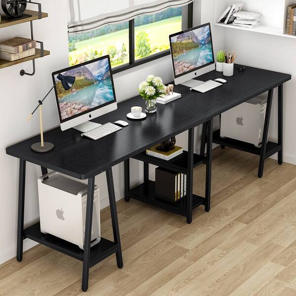 Tribesigns 94 5 Inches Computer Desk Black Extra Long Two Person Desk With Storage Shelf Home Kitchen Kolenik Furniture