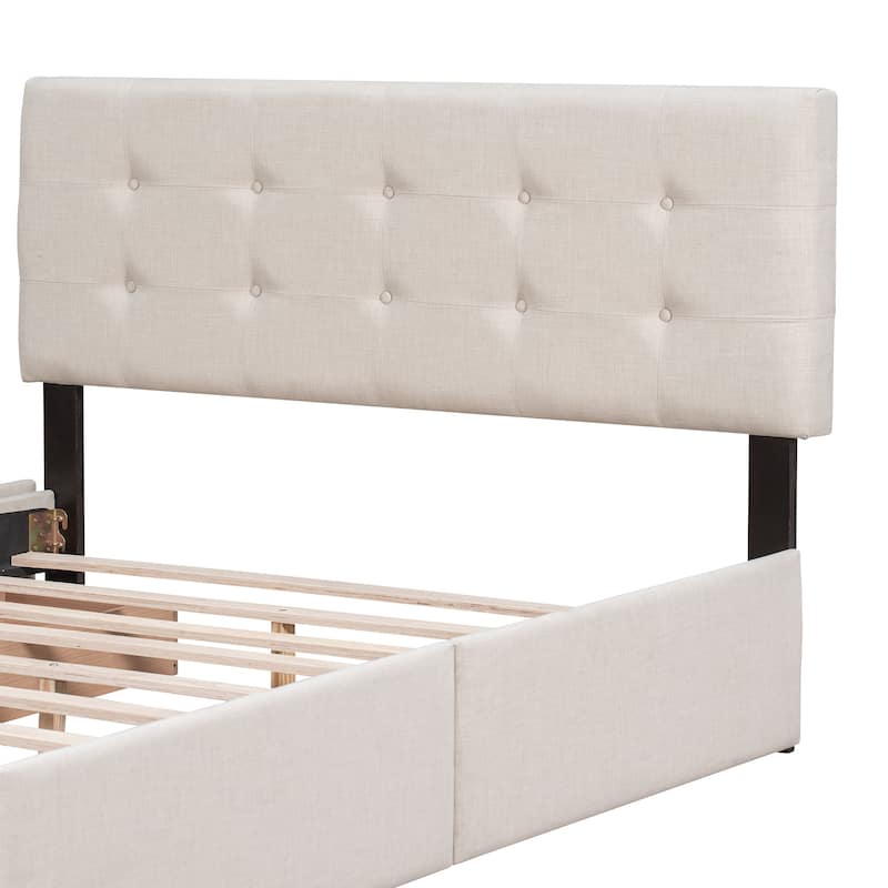 Queen Upholstered Platform Bed with Classic Headboard and 4 Drawers