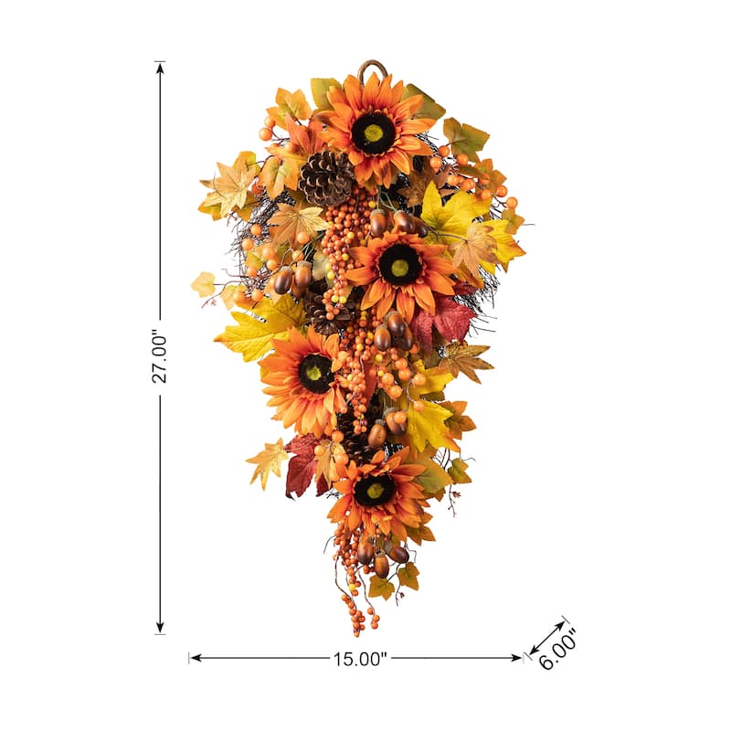 Glitzhome 26"H Fall Sunflower Pumpkin Lotus Leaf Teardrop Swag Wreath Thanksgiving