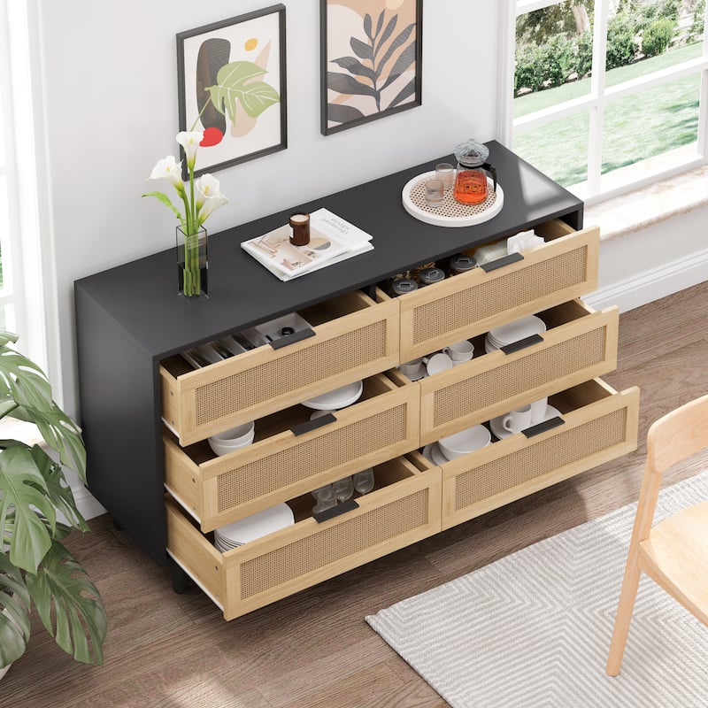 6 Drawers Rattan Dresser Rattan Drawer, Bedroom,Living Room - Black 1