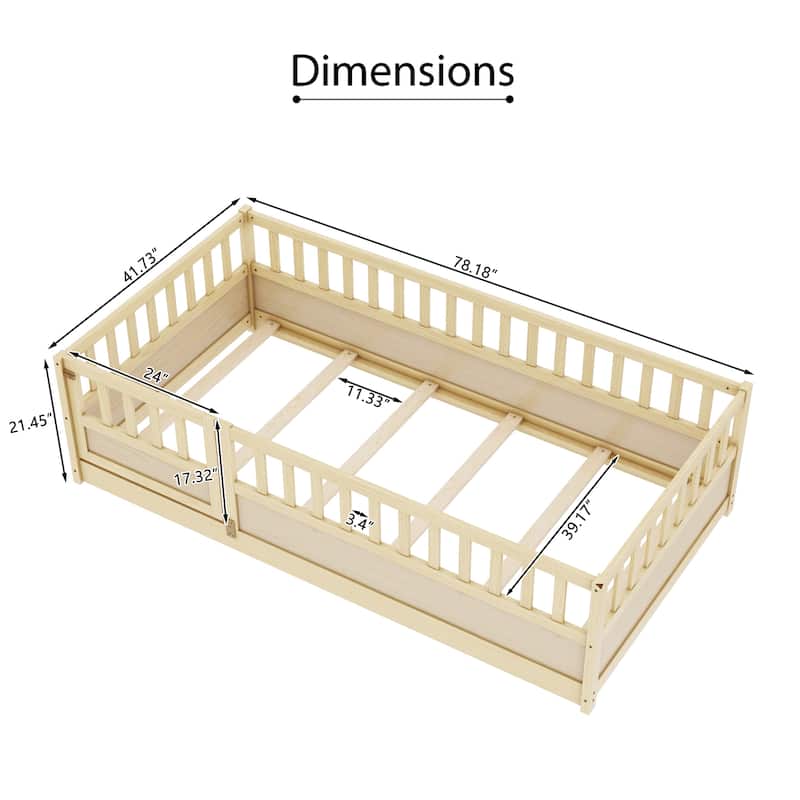 Children's Twin Floor Bed with High Fence, Pinewood French Bed, Safe Play Area, and Mattress Support