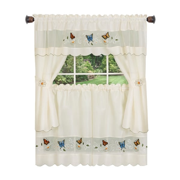 Daisy Meadow Embellished Embroidered Kitchen Curtain Set White 58x36 Inches Overstock 30385252