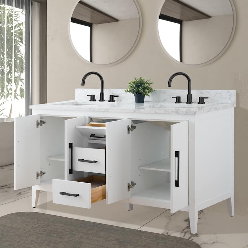 Vanity Art 60" Double Sink Bathroom Vanity Cabinet with Engineered Marble Top
