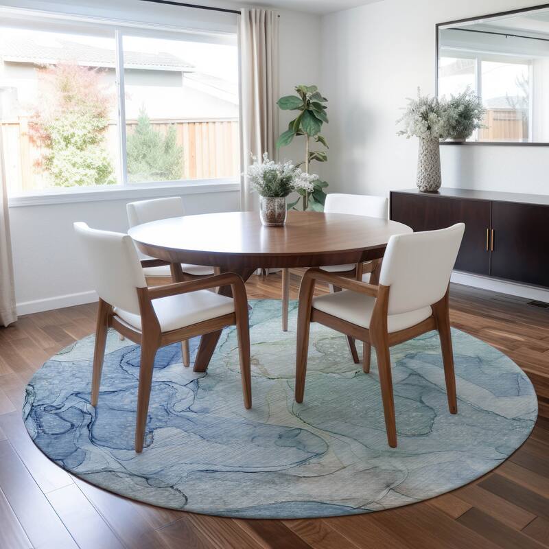 Machine Washable Indoor/ Outdoor Abstract Chantille Rug - Blue - 8' x 8'