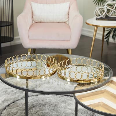 Gold Stainless Steel Metal Mirrored Tray with Circle Patterned Sides (Set of 2) - 16", 14"W