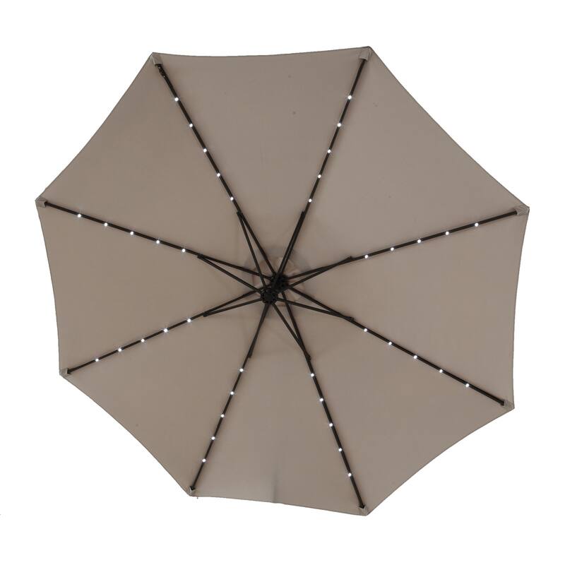 9.67 ft. Steel Market Outdoor Patio Umbrella with 40 lights, Solar LED Offset Hanging Umbrella (No Base) - Khaki