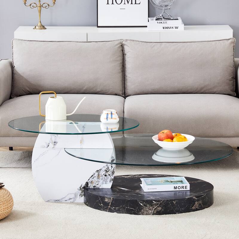 Roomfitters Double Layer Coffee Table with White Marble and Wood Grain Finish, Artistic Modern Design