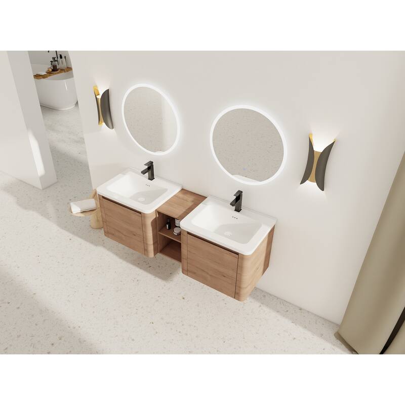 Wall-Mounted Bathroom Vanity with Ceramic Sink and Storage Shelves