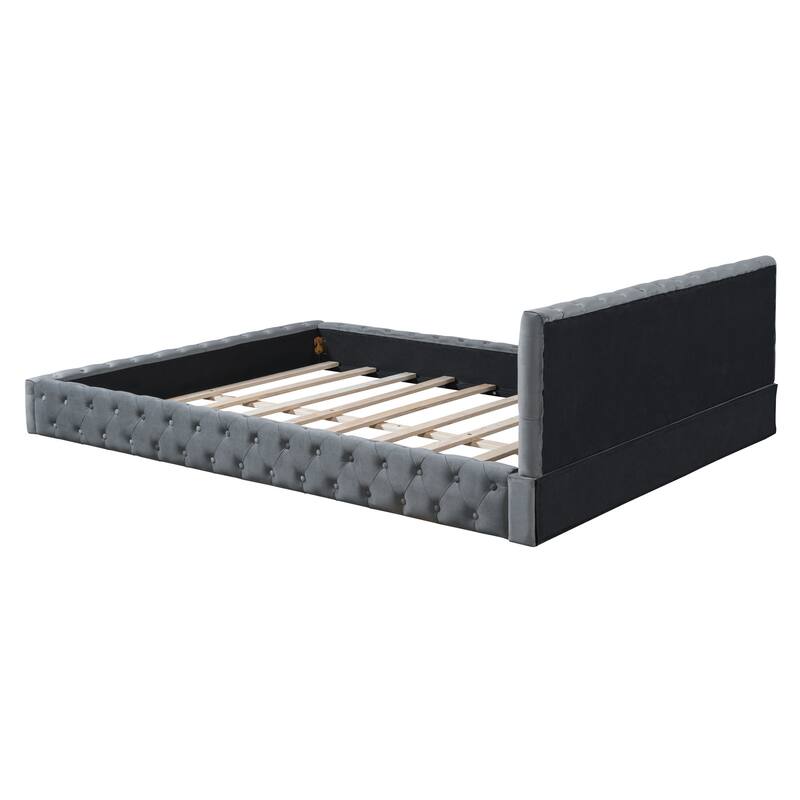 HomeRoots Gray Tufted Velvet Upholstered Queen Bed Frame