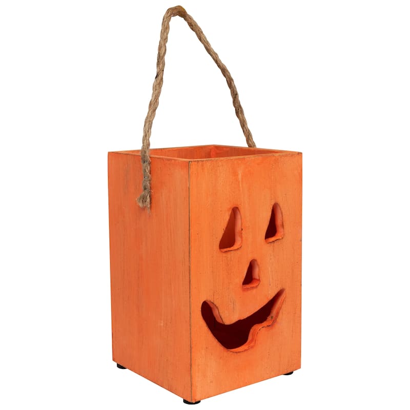 8" Large Orange Wood Jack O Lantern Halloween Candle Lantern
