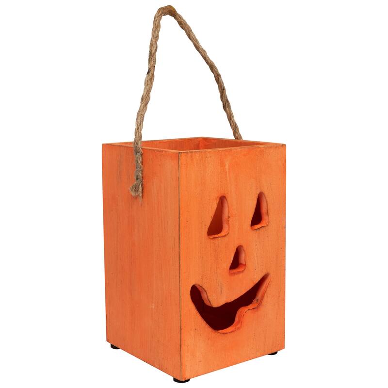 Large Orange Wood Jack O Lantern Halloween Candle Lantern - 8"