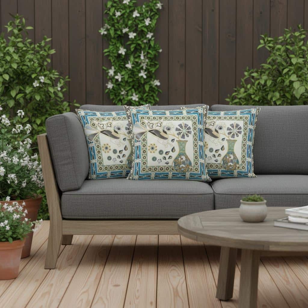 HomeRoots Set of Three 16" X 16" Green and Yellow Peacock Blown Seam Floral Indoor Outdoor Throw Pillow