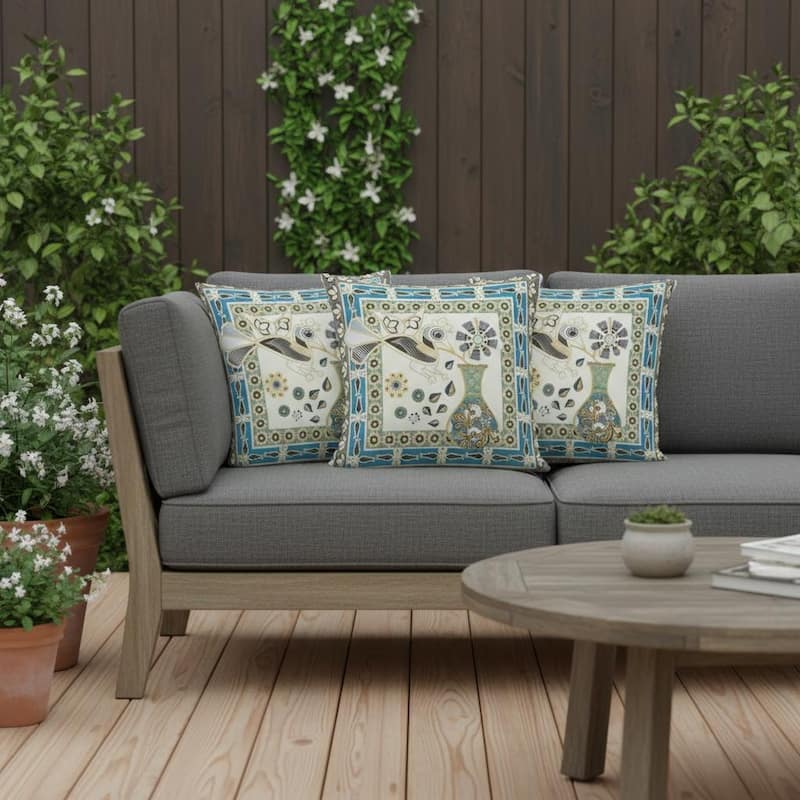 HomeRoots Set of Three 16" X 16" Green and Yellow Peacock Blown Seam Floral Indoor Outdoor Throw Pillow - Green/Yellow - 16.00' X '16.00' X '5.00