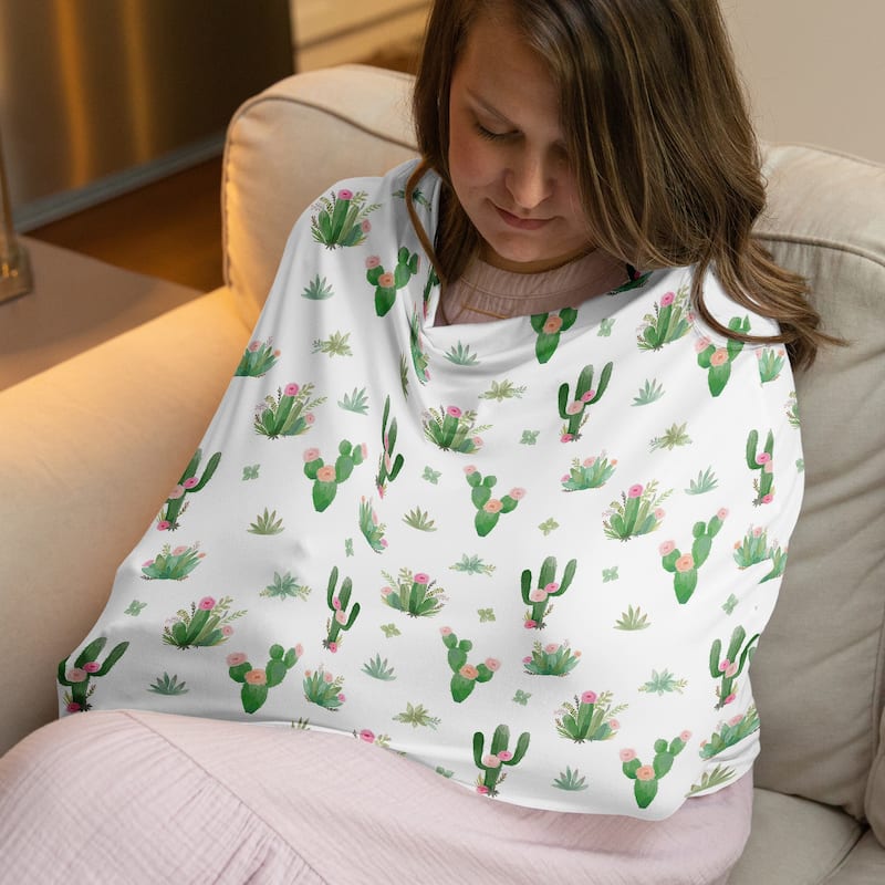 Cactus Floral Collection Girl 5 in 1 Baby Car Seat and Nursing Cover Pink and Green Boho Bohemian Watercolor Shabby Chic Desert