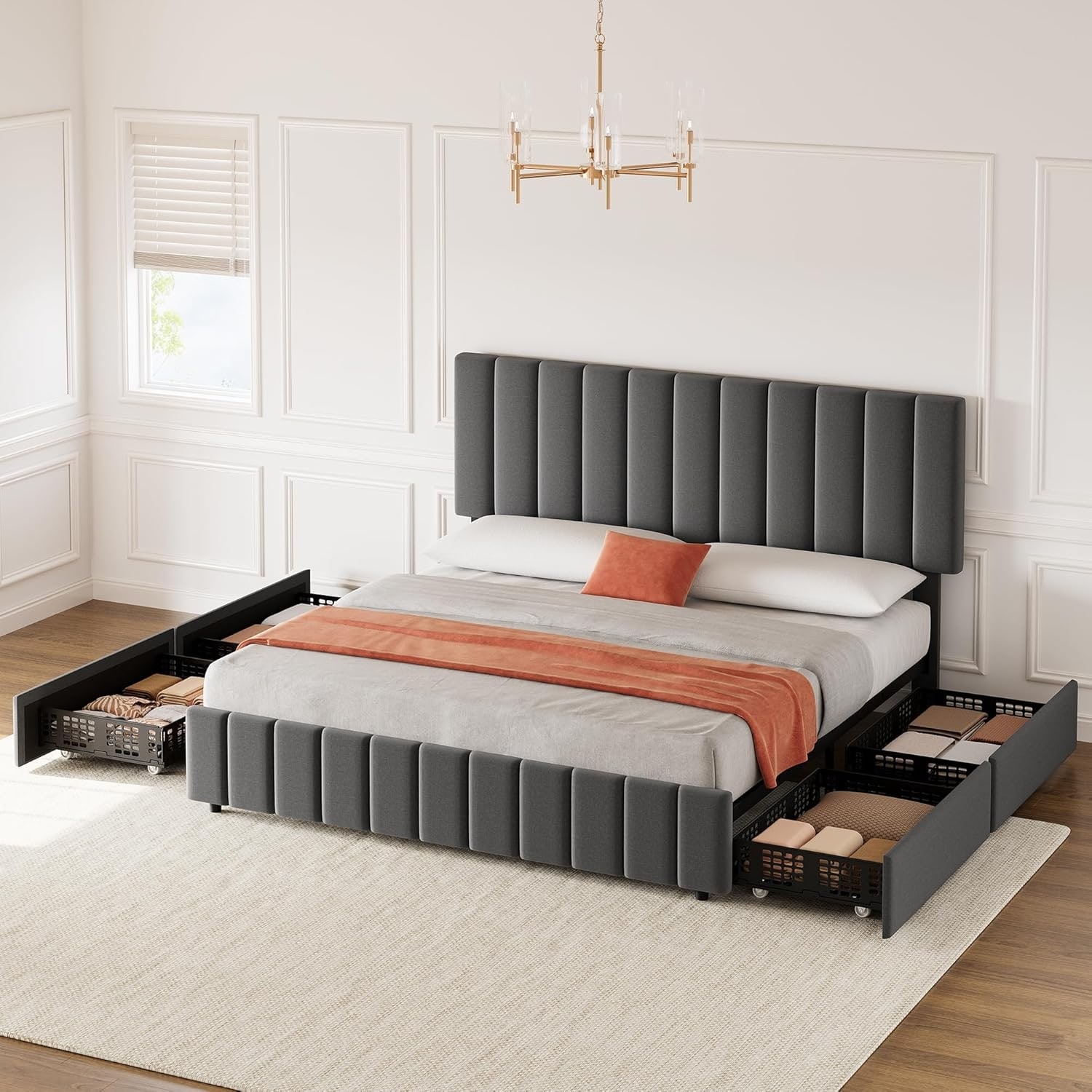 Upholstered Bed with Drawers & Adjustable Headboard, Platform with Wood Slats Support No Box Spring