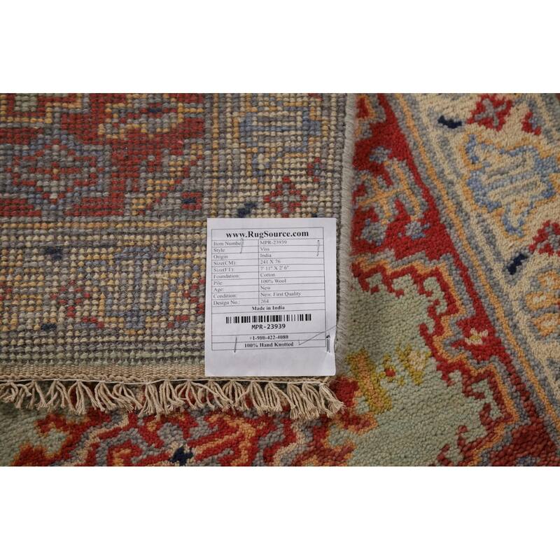 Green Geometric Viss Indian Runner Rug Hand-Knotted Wool Carpet - 2'6"x 7'11"