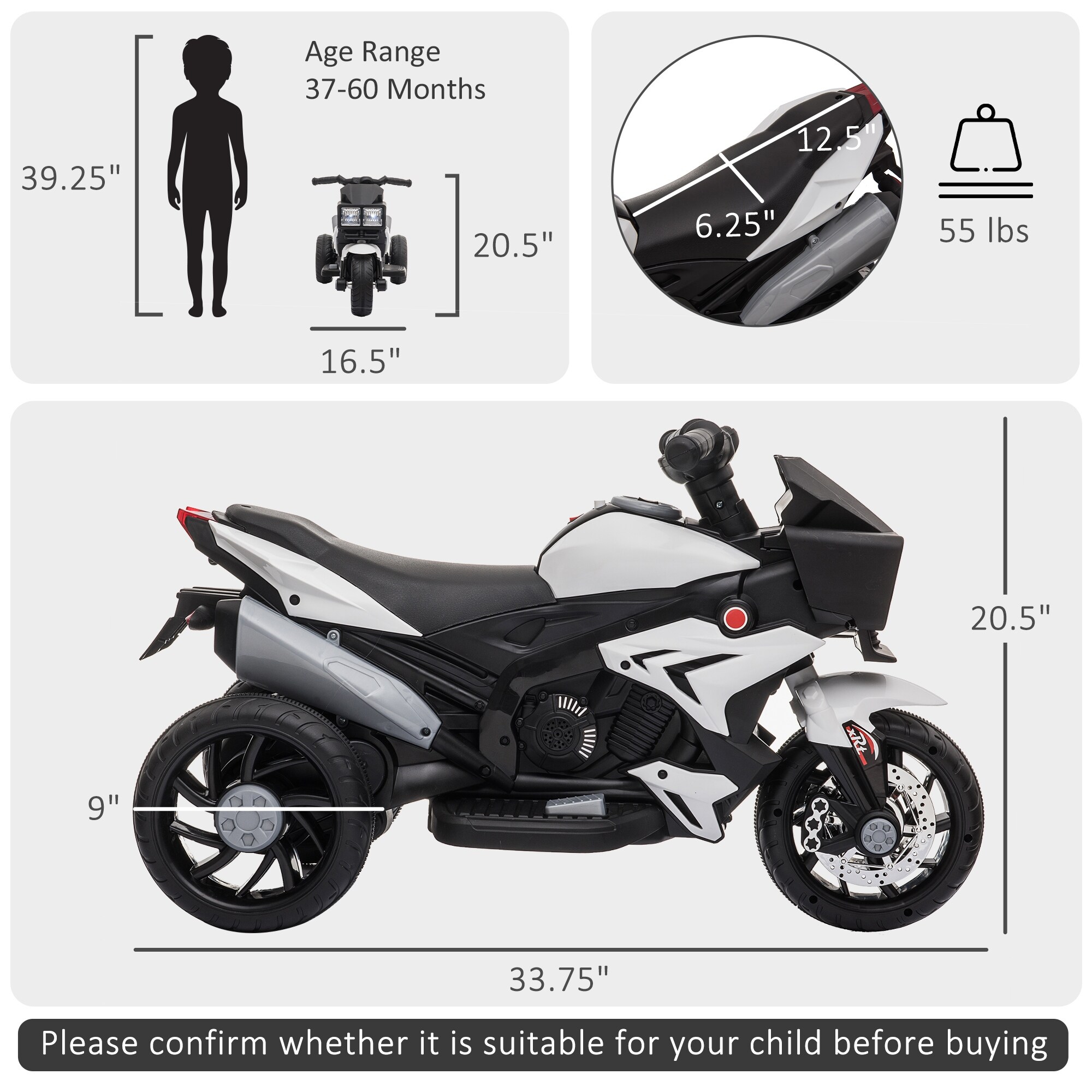 6V Kids Motorcycle Ride on Toy for Toddlers and Up to 5 Years Old High Traction Battery Operated Ride on Vehicle White