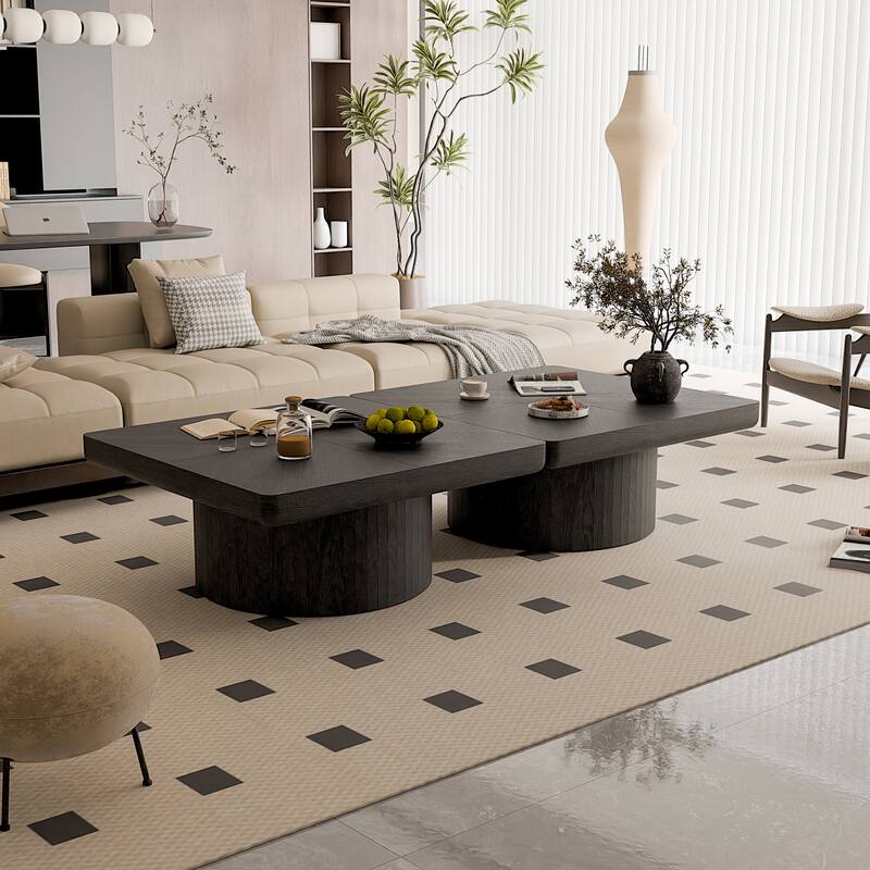 34.6" Modern Square Coffee Table with Parquet Wood Veneer Top & Cylindrical Base, Stylish Living Room Center Table