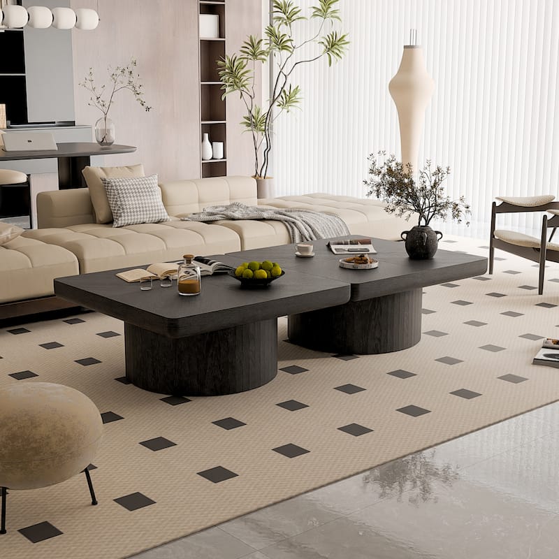 34.6" Square Coffee Table for Living Room, Modern Wood Veneer Top with Parquet Pattern & Cylindrical Base