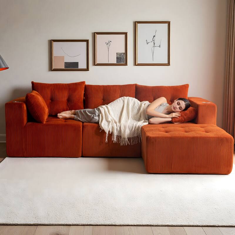 Corduroy Modular Sectional Sofa - 35.8"D x 101"W x 26.3"H