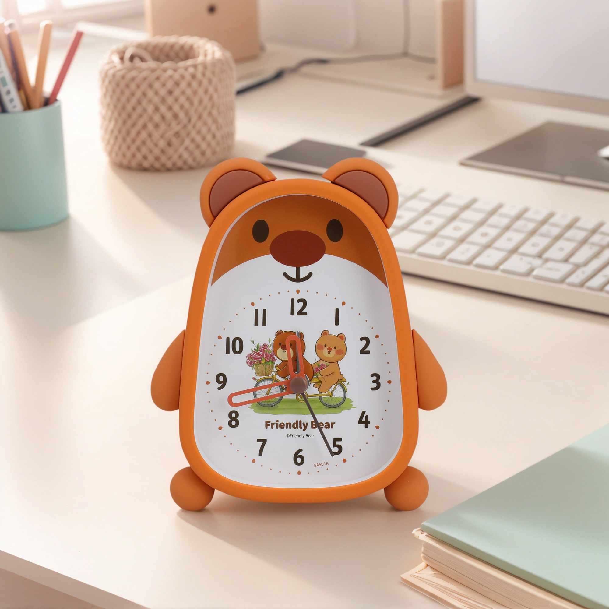 Desk Alarm Clock, Lovely 3D Bear-Shaped, Cute Patterns, Non-Tick, Perfect for Teens - 4.1"L x 1.6"W x 5.5"H
