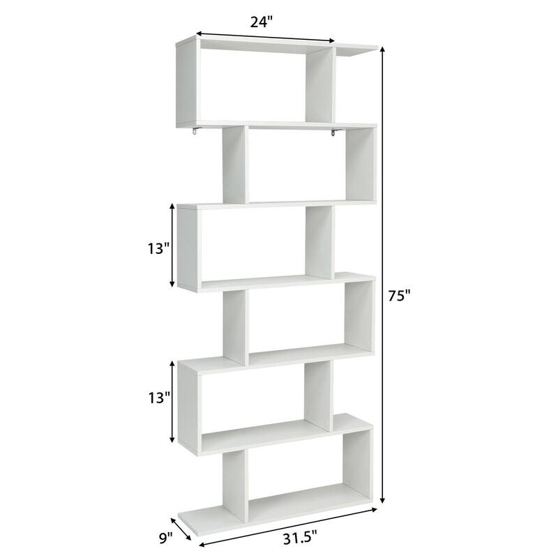 Gymax 6 Tier S-Shaped Bookshelf Storage Display Bookcase Decor Z-Shelf - 31.5'' x 9'' x 75''