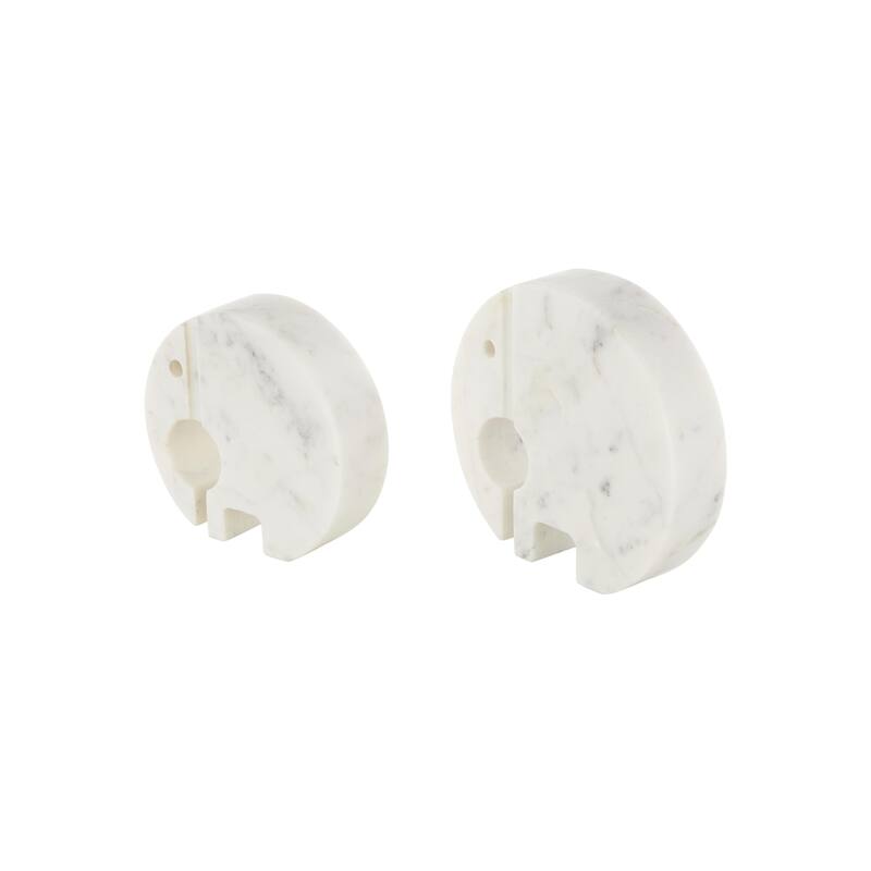 White Marble Circular Abstract Elephant Decorative Sculpture with Gray Marble Veins and Cutouts (Set of 2)