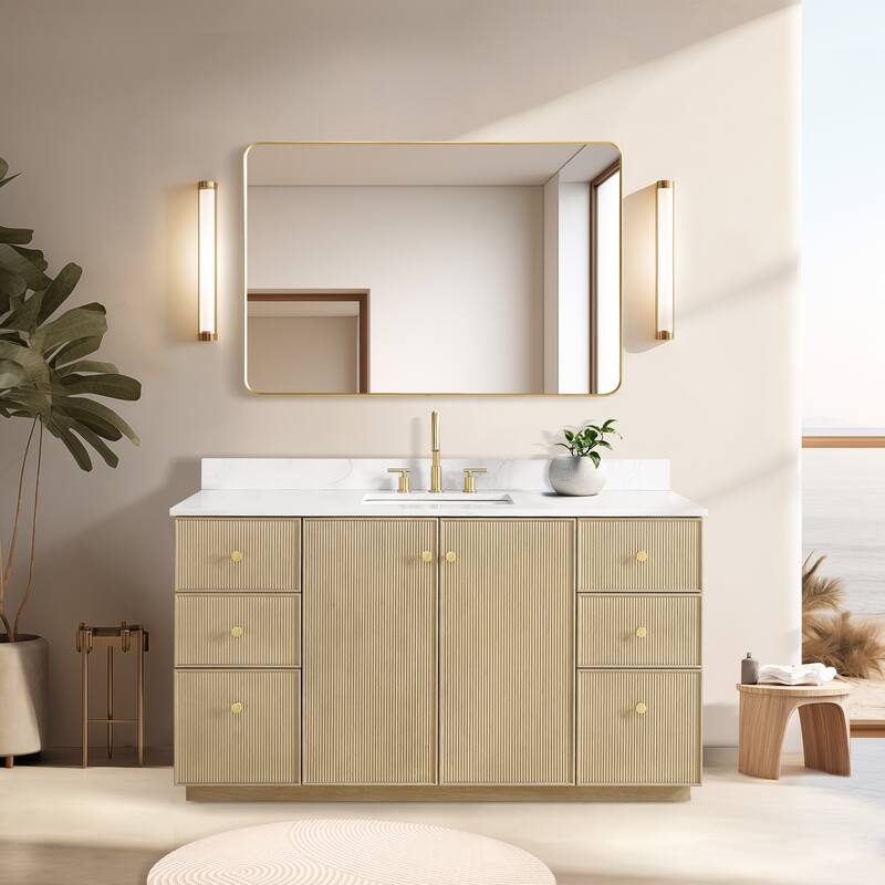Oza Bath Vanity with Quartz Stone Top and Mirror - 60in. Single Sink - Natural Oak