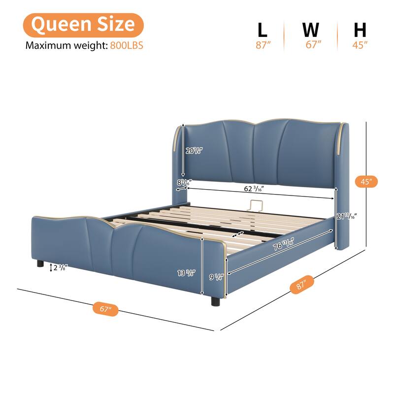PU Leather Upholstered Bed Wingback Bed, Platform Bed Frame with Wave-Shaped Headboard & Footboard