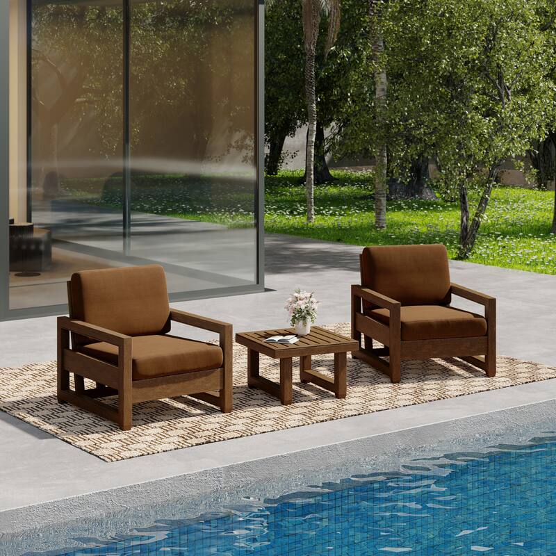3-Piece Teak Wood Chair Outdoor Patio Conversation Set with Table