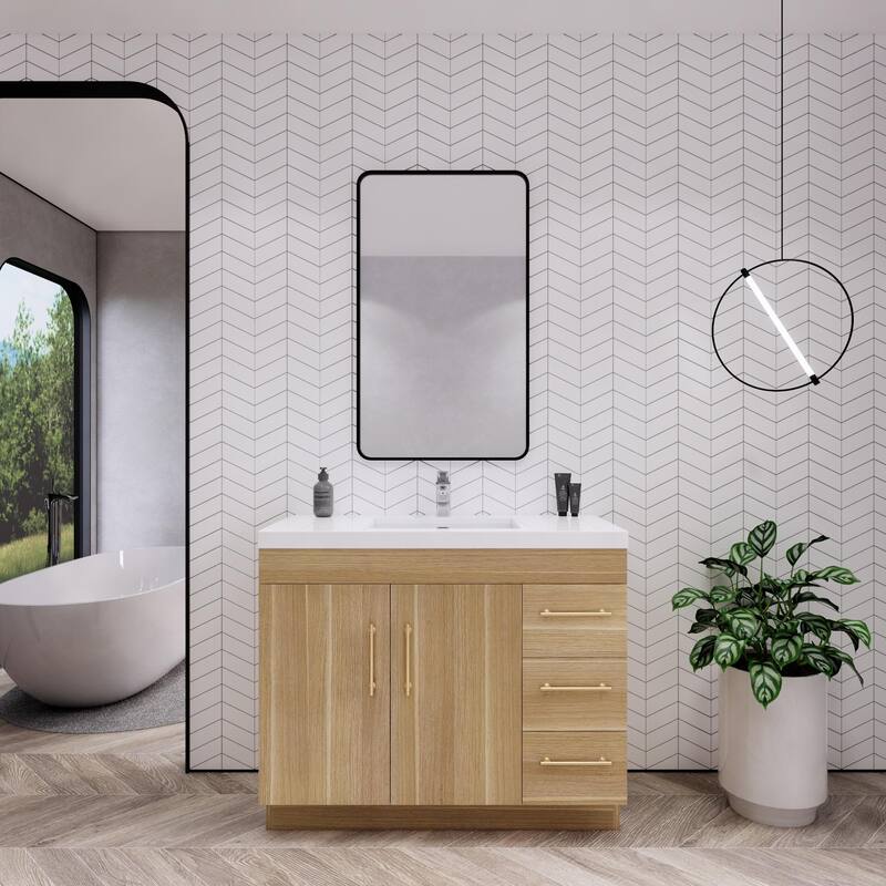 Eliza 42'' Freestanding Vanity (Right Drawers) with Single Sink - 42'' Width With Right Drawers - Champagne Oak