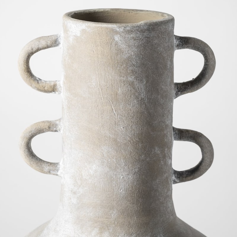 Rustic Whitewash Brown Double Handle Ceramic Vase - 11" W x 19" H x 11" D