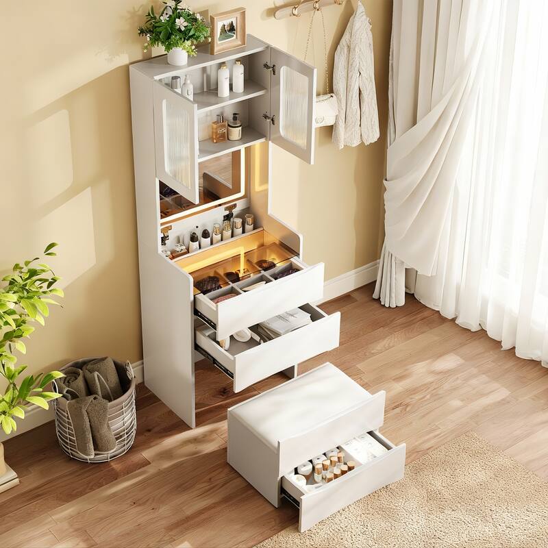 3-in-1 Makeup Vanity Desk with LED Mirror, Clear Glass Top Makeup Dressing Table with Storage Stool