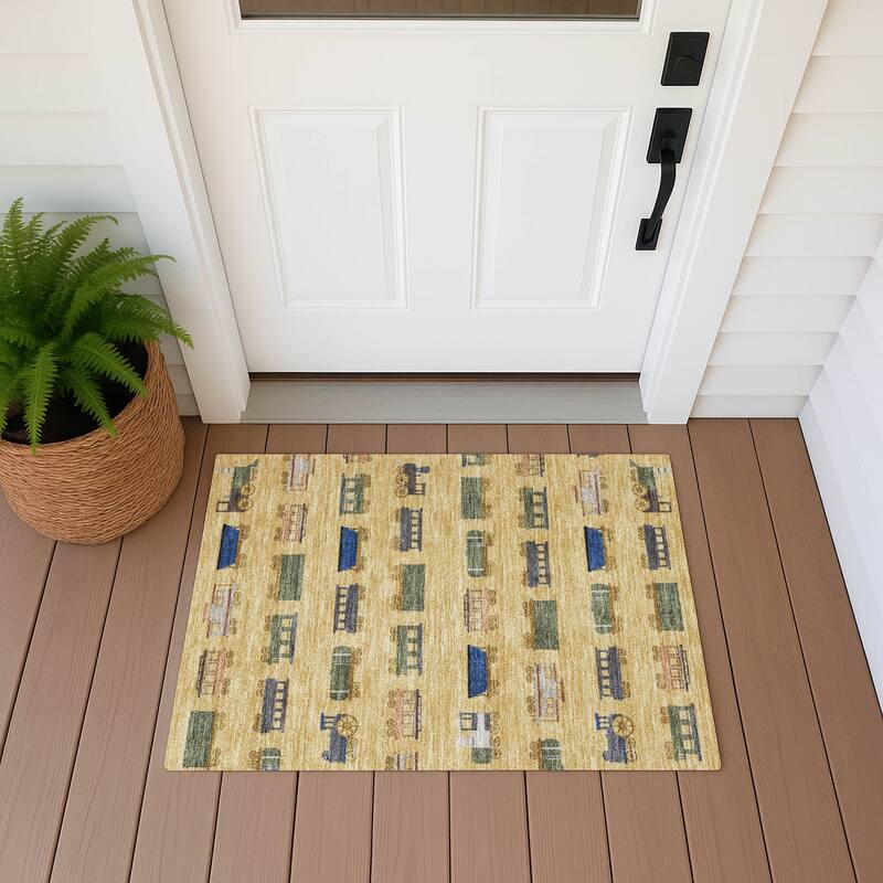 Machine Washable Indoor/ Outdoor Modern Train Chantille Rug - Gold - 1'8" x 2'6"