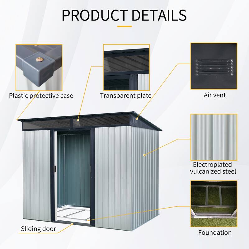 8ft x 6ft Outdoor Metal Storage with Lockable Sliding Doors and Transparent plate for Garden, Lawn