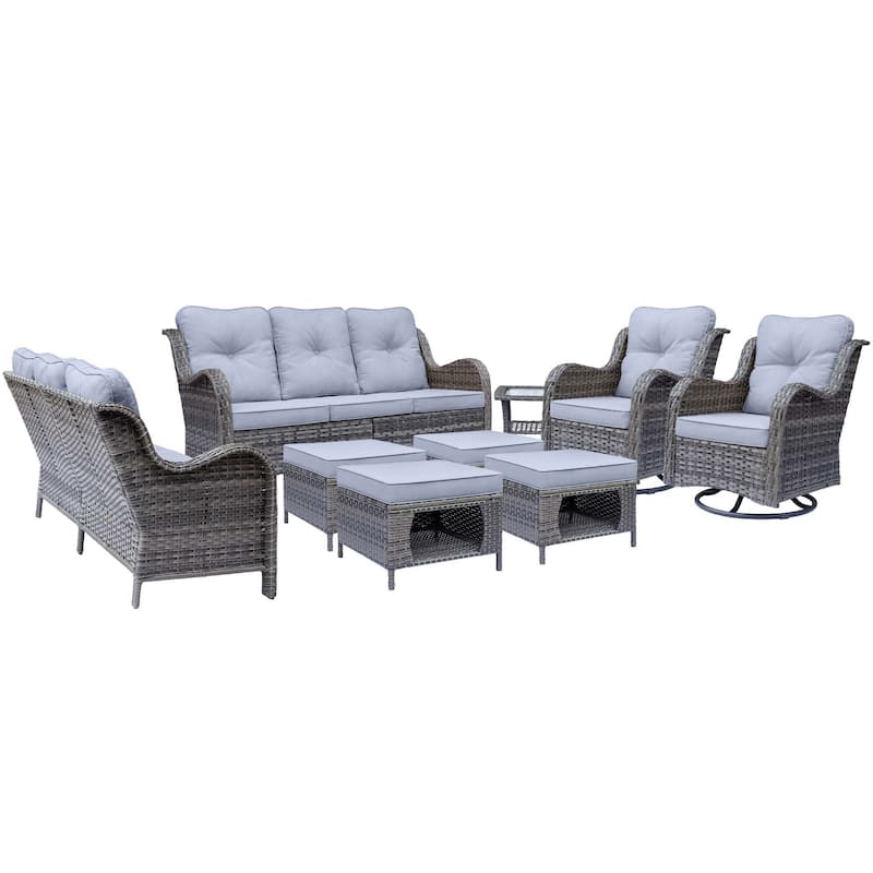 9 Piece Outdoor Wicker Patio Conversation Swivel Chairs Furniture Sets