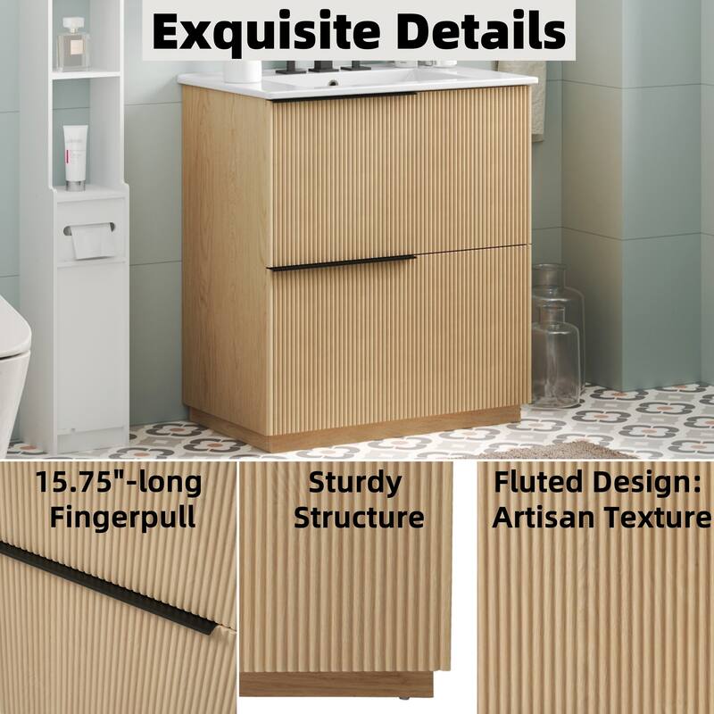 30" Bathroom Vanity with Ceramic Sink and Full-Extension Drawers, Soft Close Undermount Drawer Slides, Fluted Design, Natural