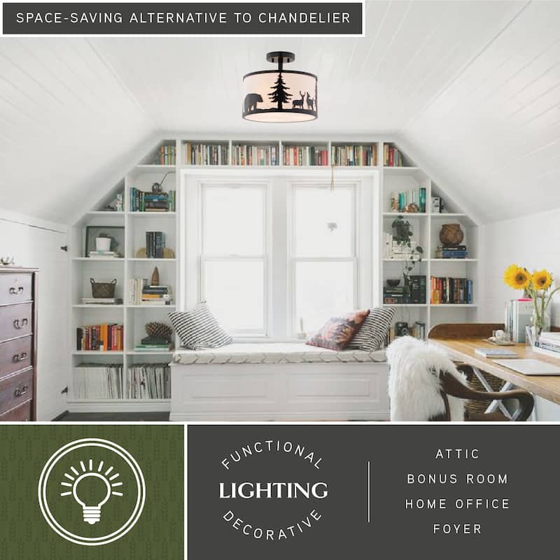 Acadia 13-in W Bronze Rustic Semi Flush Mount Ceiling Light White Linen Deer Tree - 13-in W x 11.25-in H x 13-in D