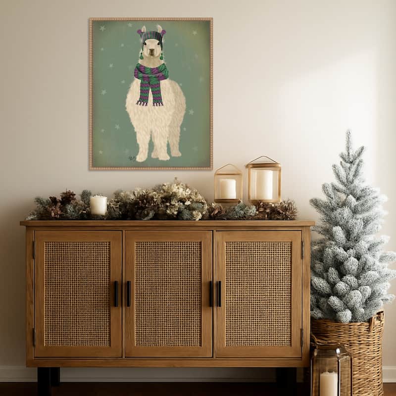 Llama with Purple Scarf, Full by Fab Funky (23 x 28 in.), Framed Canvas Wall Art Print - Sylvie Beaded Rustic Natural