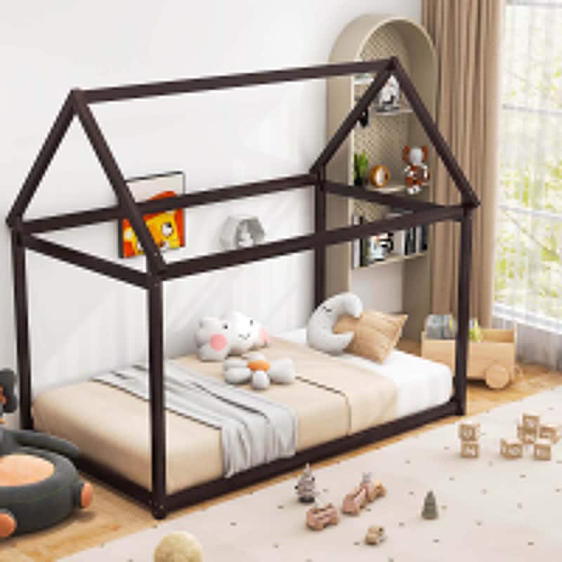 Costway Twin House Bed Wood Frame w/ Roof for Kids Toddler No Box