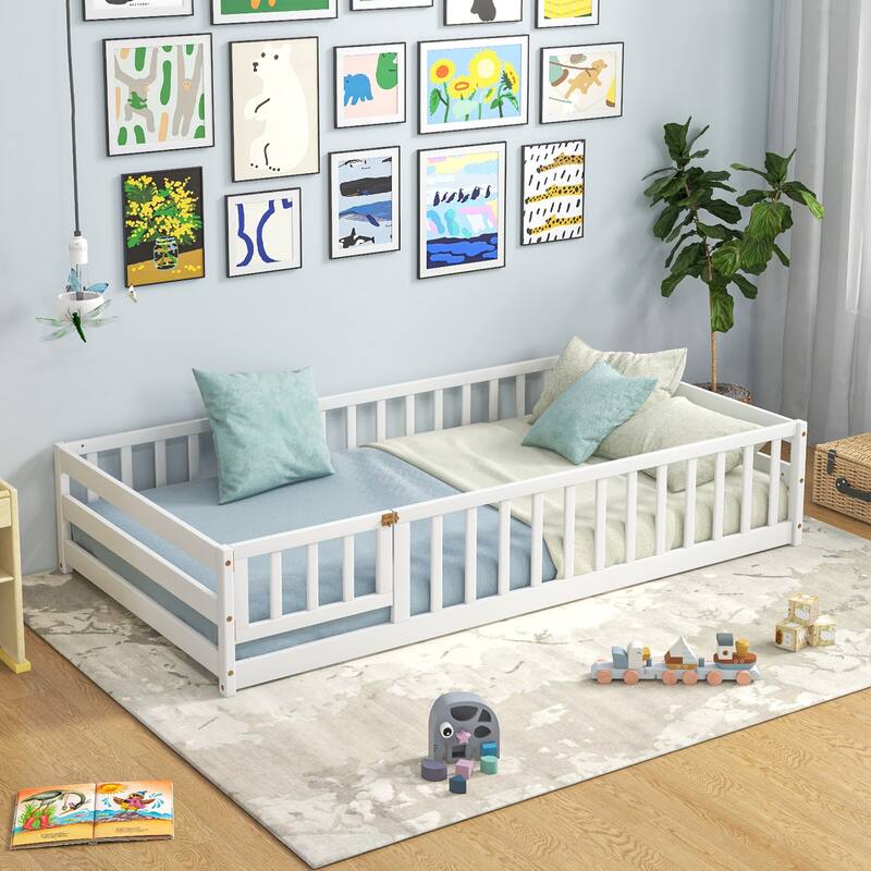 Twin Size Kids Wood Montessori Floor Bed with Door and Fence