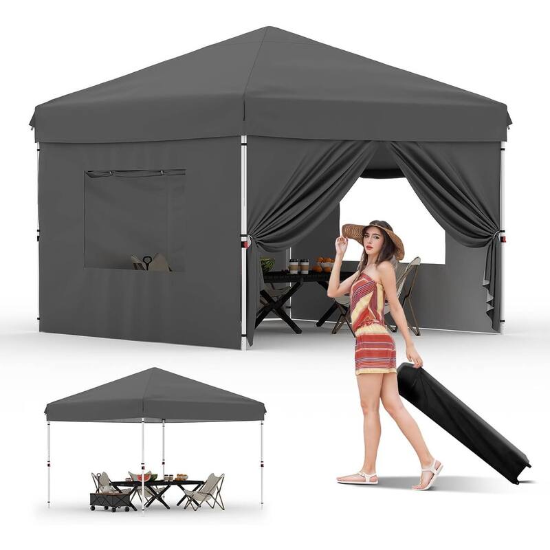 Outdoor 4-Sidewall 10x10 Pop Up Canopy Tent for Picnics, Camping - Grey