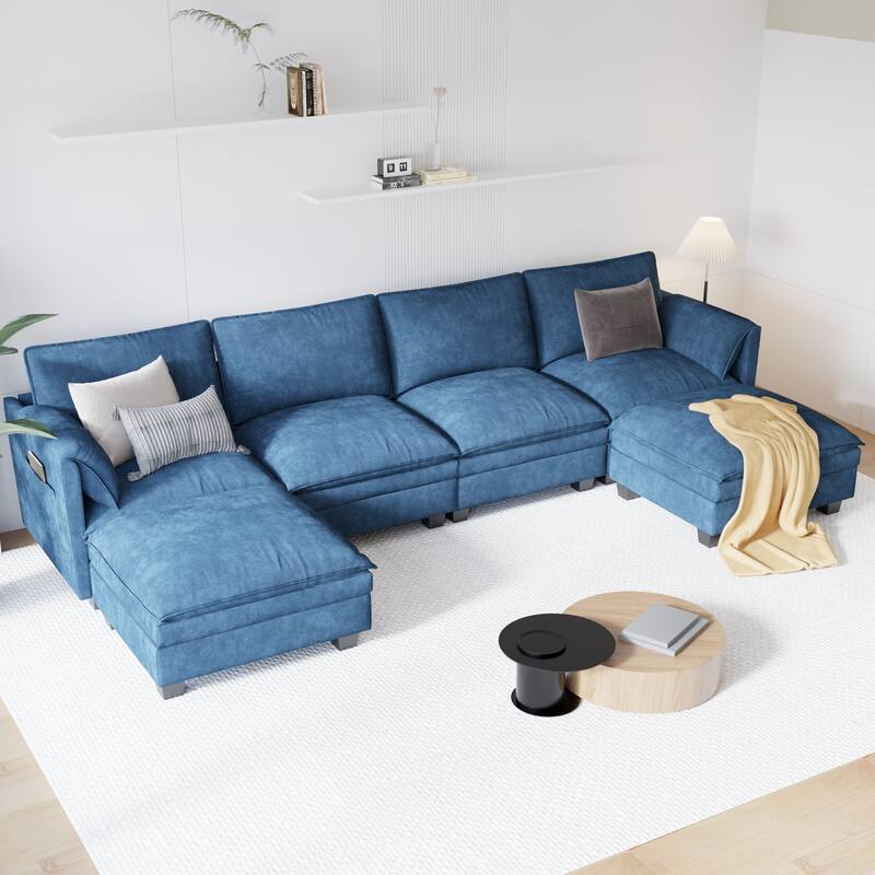 U-Shaped Sectional Sofa with Movable Ottoman, Oversized Fabric Upholstered 6 Seater Sofa, Deep Seat Sofa with Side Pockets