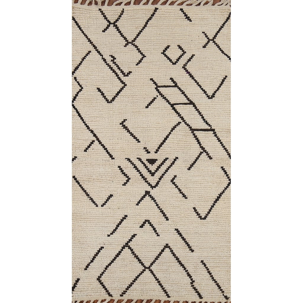 Ivory Moroccan Oriental Accent Rug Handmade Wool Carpet - 2'9"x 5'7"