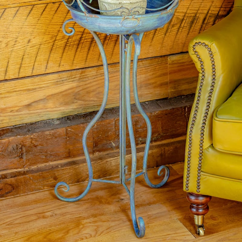 45 Inch Tall Standing Blue Iron Birdbath with Ceramic Sailor Ball - 14.57x14.57x44.88