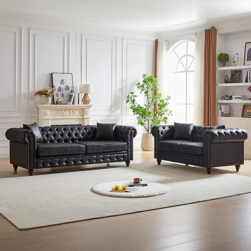 Loveseat Sofa +3 Seater Sofa Set of 2, Button Tufted Chesterfield Couches, Tech Leather Fabric Upholstered Deep Seat Sofas - Black
