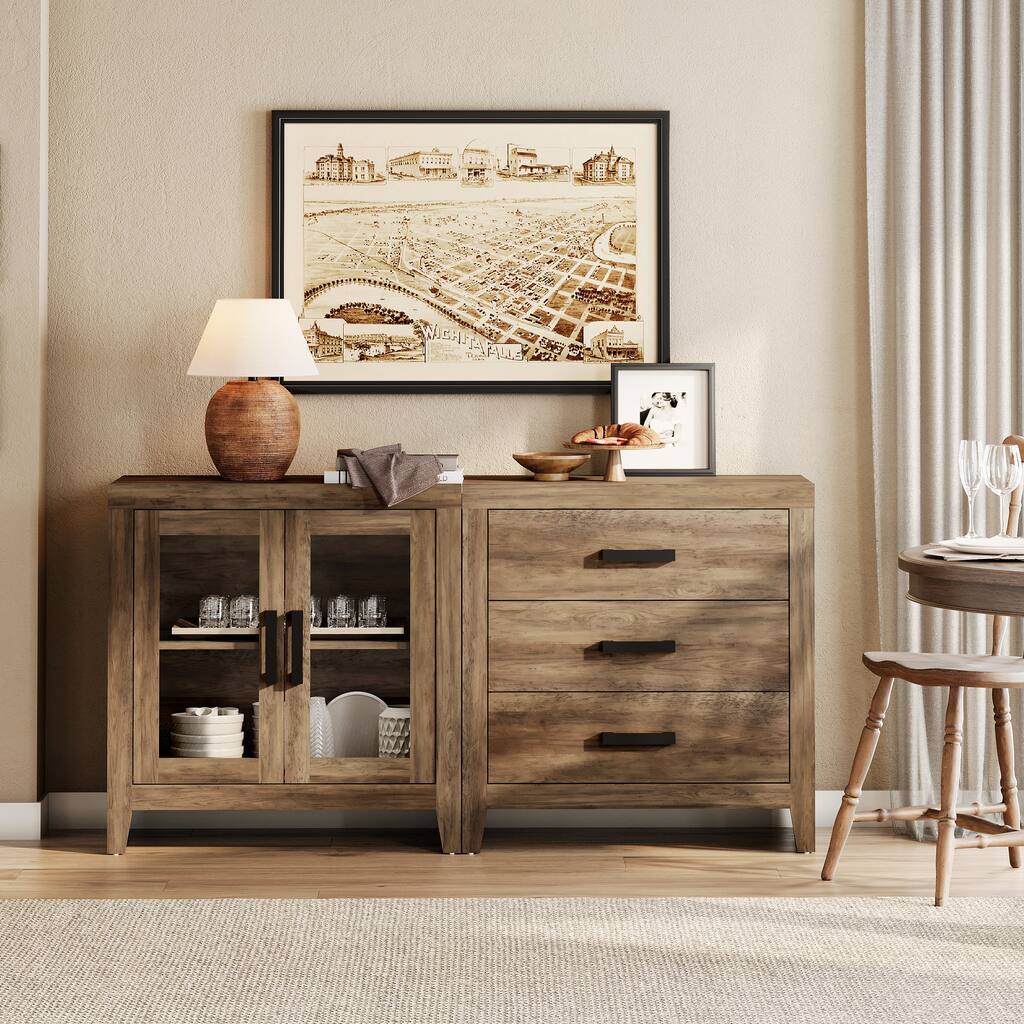 WAMPAT Farmhouse Buffet Cabinet, 2-Piece Sideboard with Glass Door & Storage Drawers for Kitchen