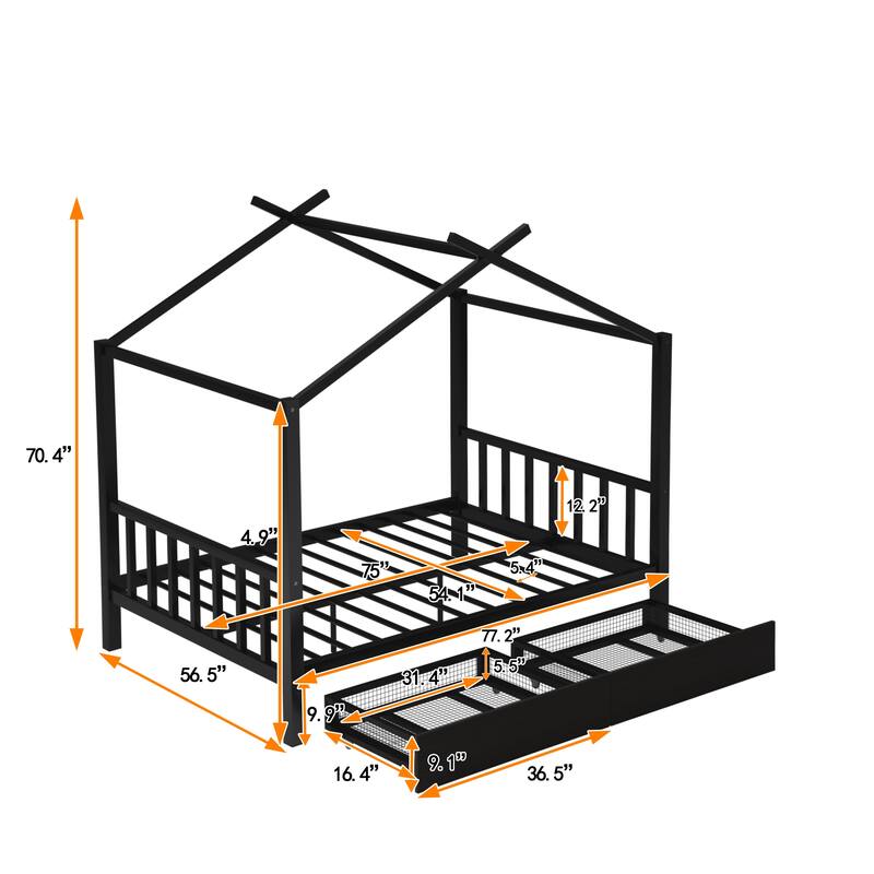 Full Size Metal House Platform Bed with Two Drawers,Headboard and Footboard,Roof Design
