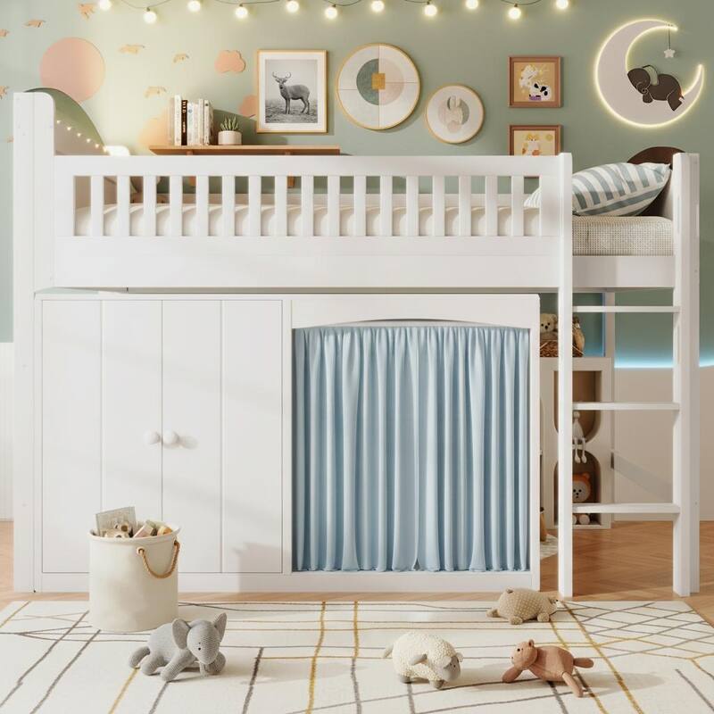 Loft Bed with LED Headboard, Double-Door Cabinet & Integrated Wardrobe by Harper&Bright Designs