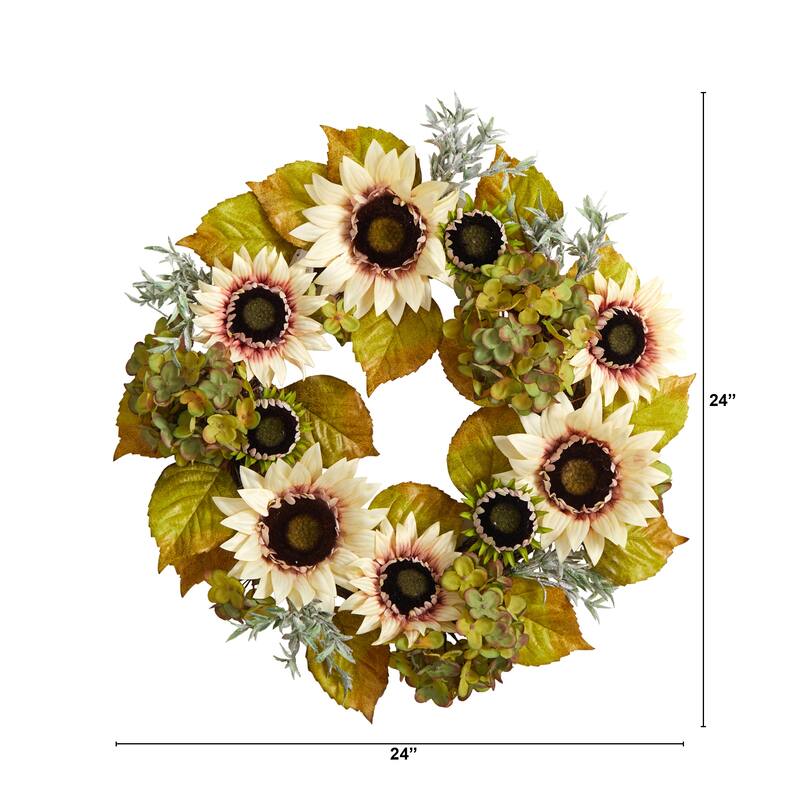 Sunflower and Hydrangea Autumn Artificial Wreath, 24-Inch, Unlit